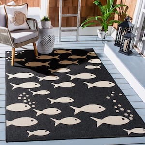 Courtyard Black/Beige Doormat 2 ft. x 4 ft. Novelty Fish Indoor/Outdoor Area Rug
