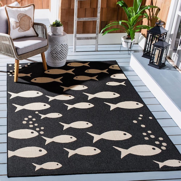 Courtyard Black/Beige 4 ft. x 6 ft. Novelty Fish Indoor/Outdoor Patio  Area Rug