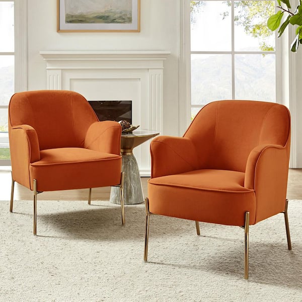 JAYDEN CREATION Nora Modern Orange Velvet Accent Arm Chair with Gold Metal Legs (Set of 2)