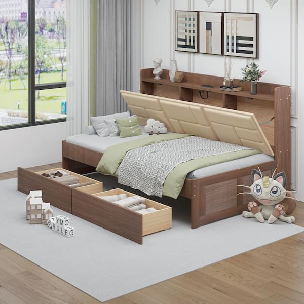Qualler Wood Twin Size Daybed with Upholstered Storage and USB Charging Station