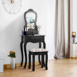 Black Vanity Wood Makeup Dressing Table Stool Set Jewelry Desk Mirror with 3-Drawers