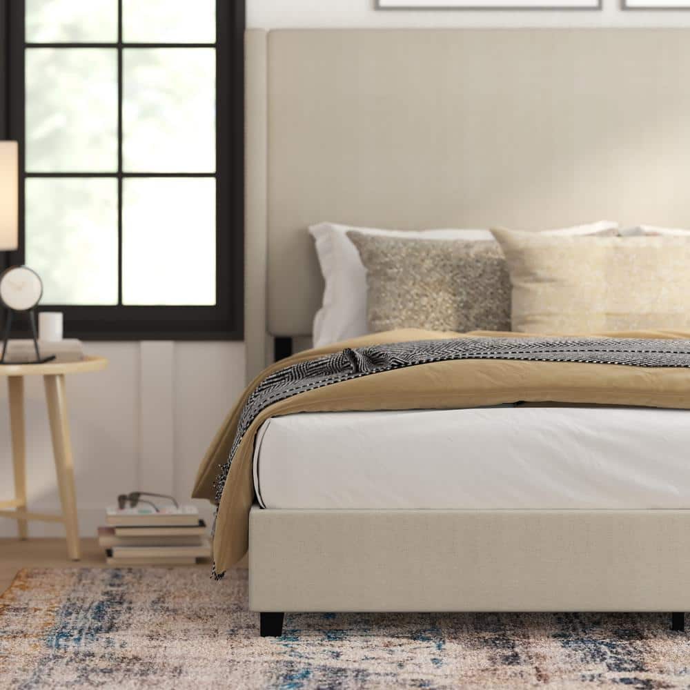 Beige King Upholstered Platform Bed with Wingback Headboard