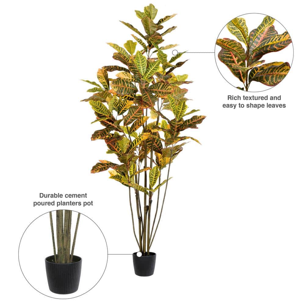 6' Green and Orange Faux Croton Tree in Black Planter