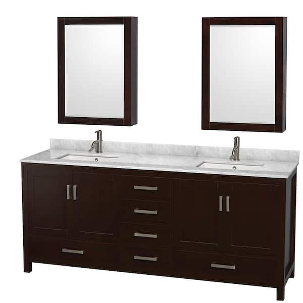 Wyndham Collection Sheffield 80 in. W x 22 in. D x 35 in. H Double Bath Vanity in Espresso with White Carrara Marble Top and MC Mirrors