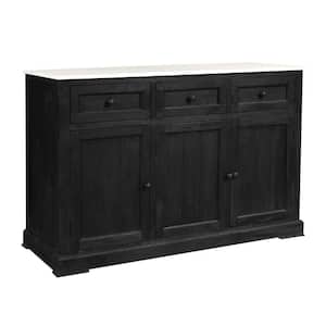 58 in. W Sandblasted Black and White Mango Wood Sideboard Buffet Console Cabinet with Marble Top and 3 Drawers