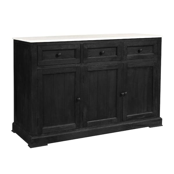 Benjara 58 in. W Sandblasted Black and White Mango Wood Sideboard Buffet Console Cabinet with Marble Top and 3 Drawers