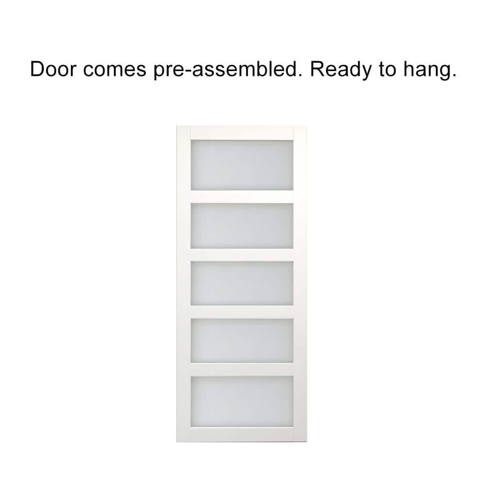 72 in. x 84 in. Frosted Glass White MDF Double Sliding Barn Door Kit