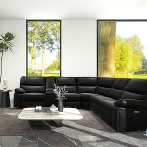 Malibu 130 in. Modern Power Motion 6-Piece Reclining Corner Sectional with Cup Holders, Coal Black Top Grain Leather