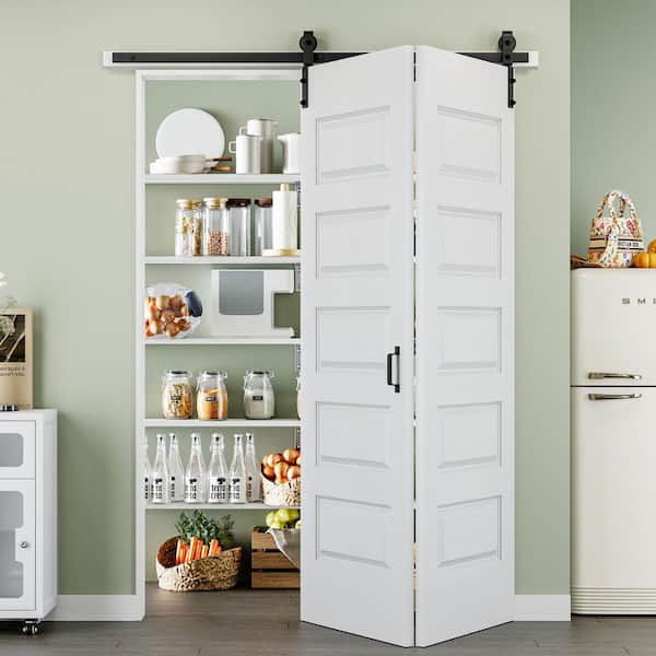 60 in. x 84 in. 5 Panel Bifold Closet Barn Door Save Space White Primed MDF Bi-fold Sliding Barn Door with Hardware Kit