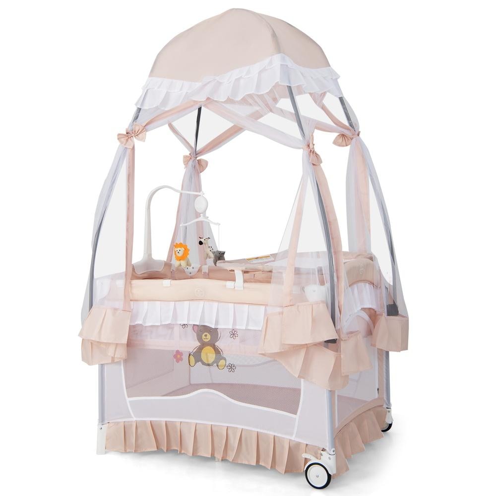 Convertible Baby Bassinet with Removable Changing Table and Detachable Mesh Net, Pink