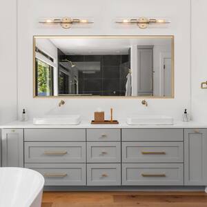 Modern Cylinder Bathroom Vanity Light 2-Light Brass Gold Linear Powder Room Wall Sconce Light with Seeded Glass Shade