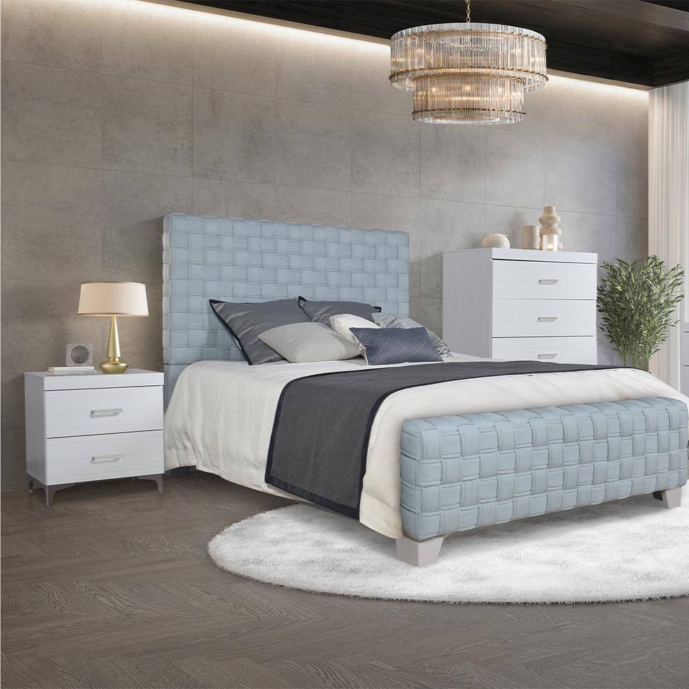 Light Teal Chenille Upholstered Queen Bed with Tufted Headboard and Drawers