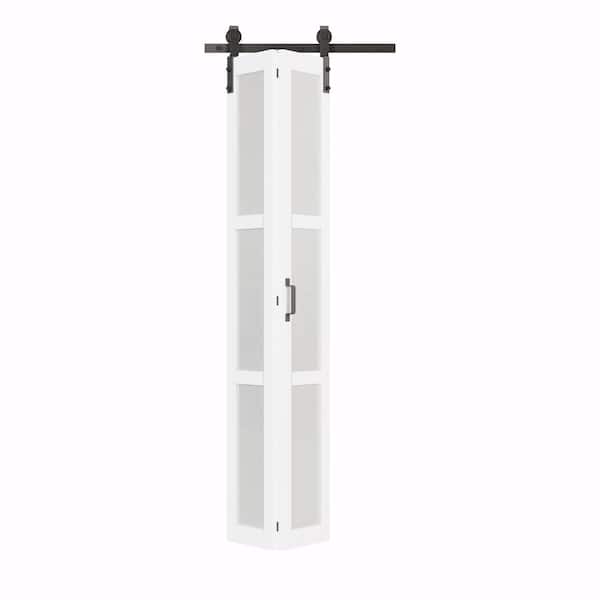 ARK DESIGN 25 in. x 84 in. 3-Lite Tempered Frosted Glass White Primed MDF Glass Bi-Fold Sliding Barn Door with Hardware Kit