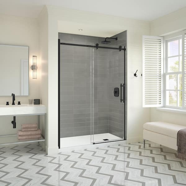 MAAX Odyssey 60 in. x 32 in. x 78 in. Alcove Shower Kit with Sliding Frameless Shower Door in Black, Right Drain Shower Pan