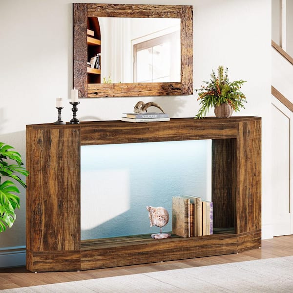 BYBLIGHT Turrella 63 in. Brown Specialty Wood Console Table with 2-Tier Storage Shelves, Built-in LED Lights, Non-Slip Feet