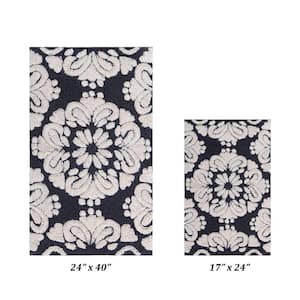 Medallion Collection Charcol/Ivory 2-Piece - 24 in. x 40 in./17 in. x 24 in. 100% Cotton Bath Mat Set