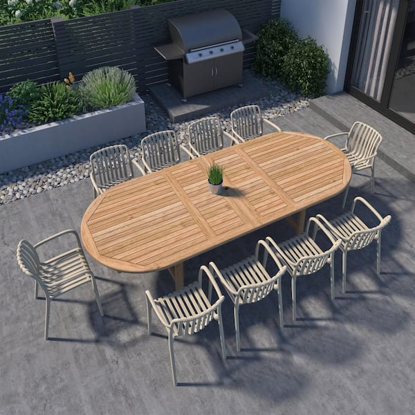 Amazonia Elmina 11-Piece Solid Teak Wood 100% FSC Oval Patio Dining Set Sand