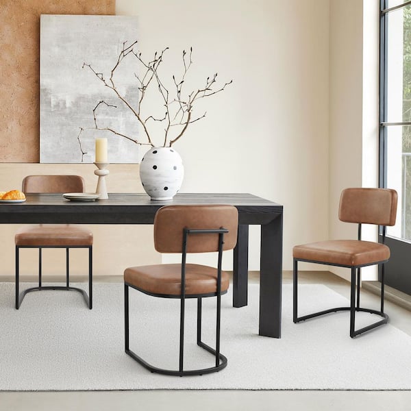 Elle Brown Faux Leather Upholstered Dining Chair with Metal Frame for Diningroom (Set of 3)
