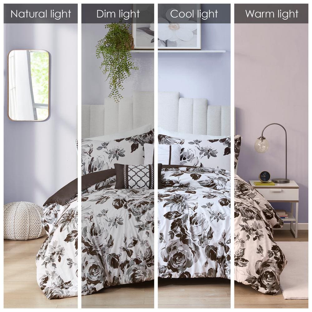 California King Black and White Floral Microfiber Duvet Set