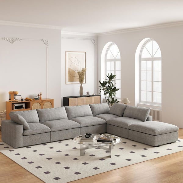 J&E Home 157.32 in. Square Arm 6-piece L Shaped Linen Velvet Sectional Sofa in Gray with Storage Ottoman and Removable Covers