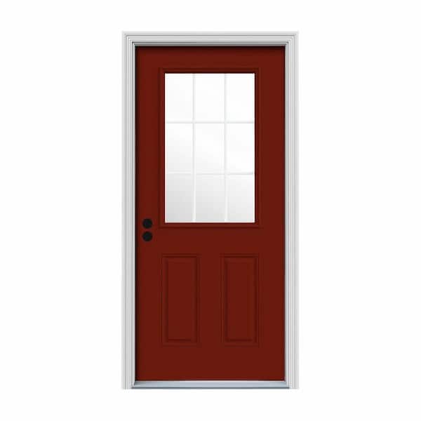 JELD-WEN 32 in. x 80 in. 9 Lite Mesa Red Painted Steel Prehung Right-Hand Inswing Entry Door w/Brickmould