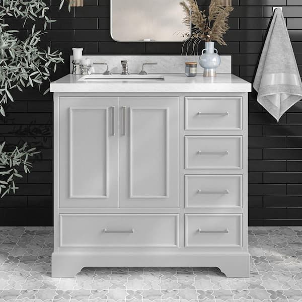 ARIEL Stafford 37 in. W x 22 in. D x 36 in. H Left Single Sink Freestanding Bath Vanity in Grey with Carrara White Marble Top