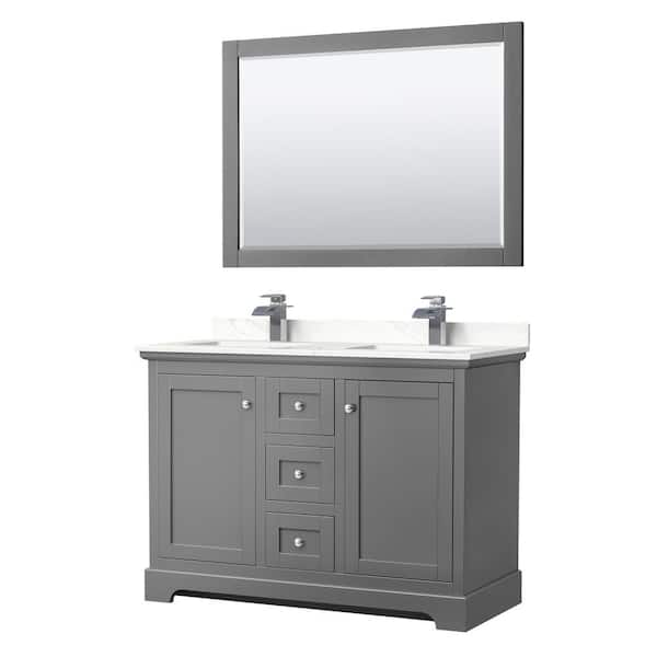 Wyndham Collection Avery 48 in. W x 22 in. D x 35 in. H Double Bath Vanity in Dark Gray with Giotto Quartz Top and 46 in. Mirror