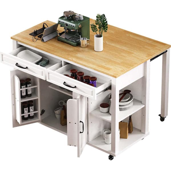 Lycvki White Wood 47.2 in. Kitchen Island with Internal Storage Rack, Power Outlet, Extendable Dining Table