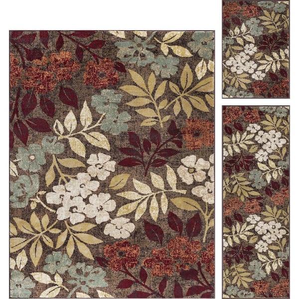 Tayse Rugs Deco Floral Brown 5 ft. x 8 ft. Indoor 3-Piece Rug Set