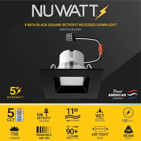 12-pack 4 in. 11-Watt LED Black Square Retrofit Recessed Housing Light 5 CCT 2700K to 5000K IC Rated Remodel Dimmable