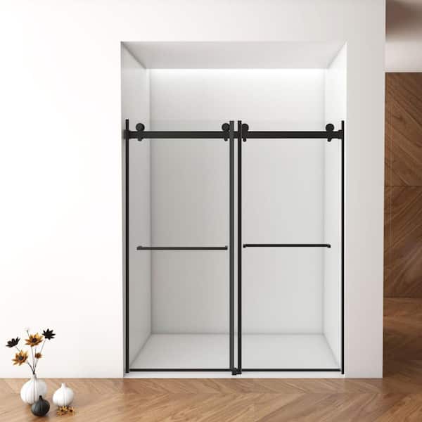 60 in. W x 76 in. H Double Sliding Frameless Shower Door in Matte Black with Clear 3/8 in. Glass