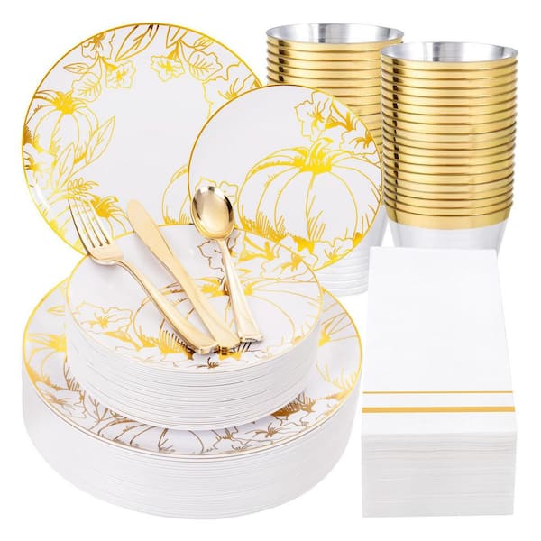 Anqtovp 175-Piece White Pumpkin Plastic Plates Set for