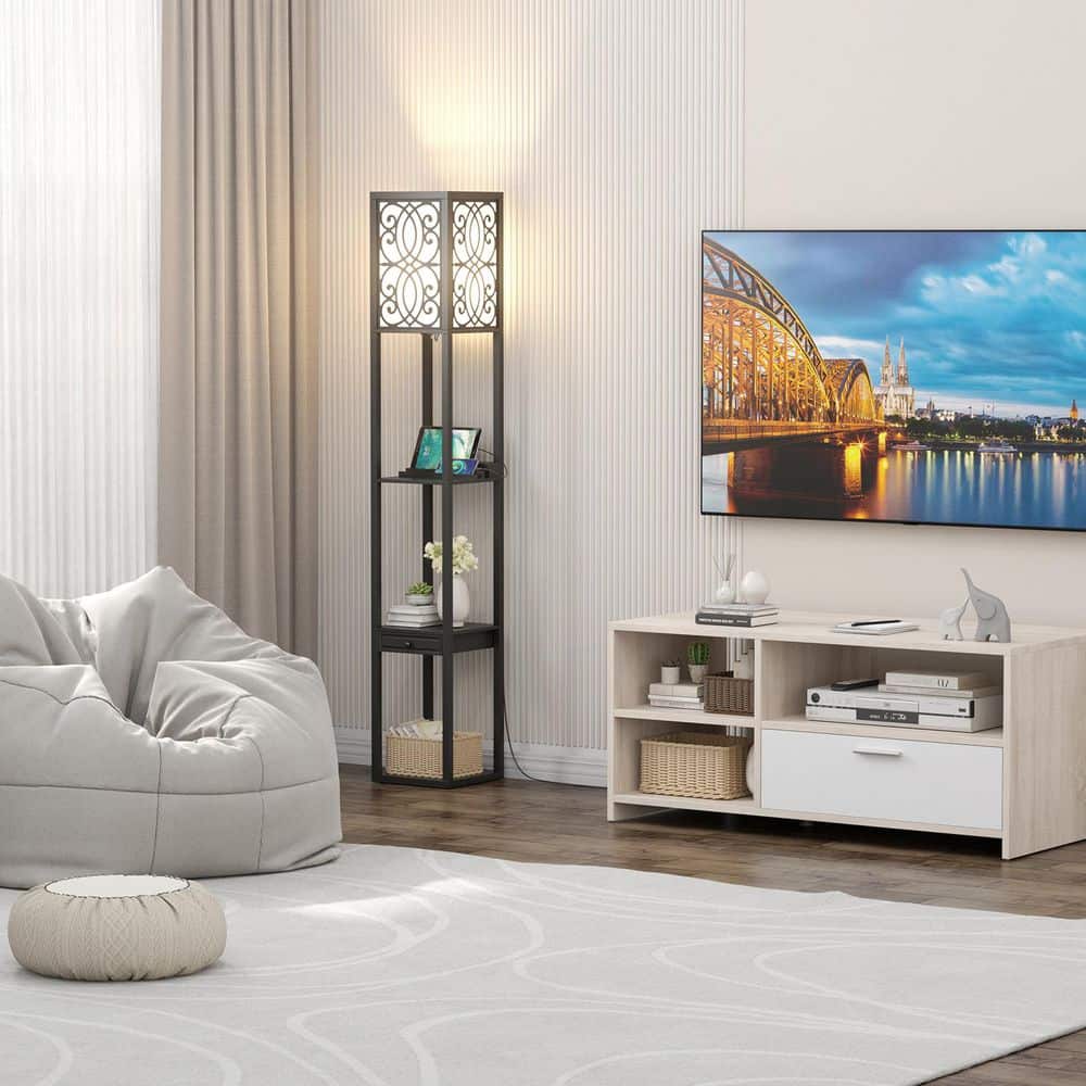 Modern 63 in. Black 1-Light Standard Floor Lamp for Living Room with White Drum Shade and Outlet, 2 USB Ports