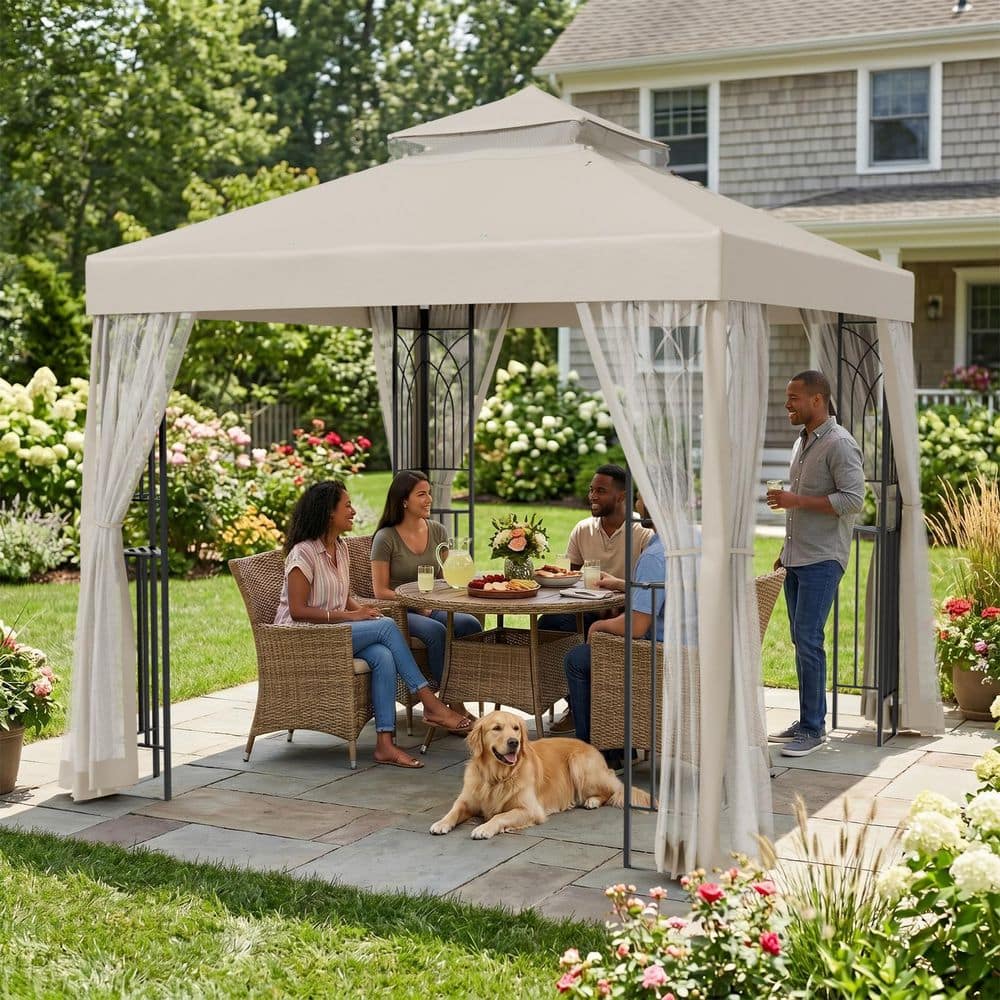 COOS BAY 8 ft. x 8 ft. Beige Outdoor Garden 2-Tier Vented Soft Top