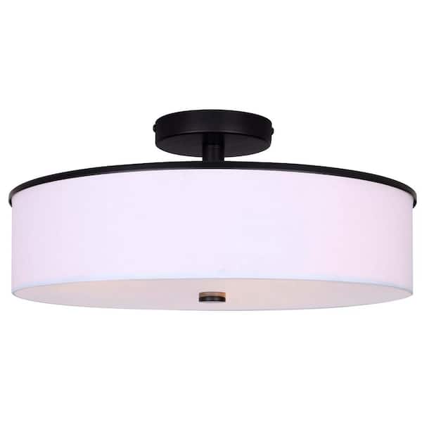 CANARM Tristan 17.75 in. 3-Light 60-Watt Modern Matte Black Semi- Flush Mount with White Fabric Shade