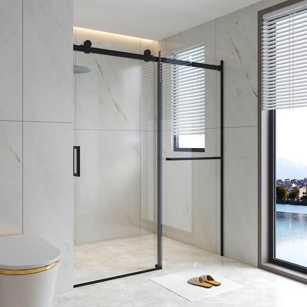 WYonder 60 in. W x 72 in. H Semi Frameless Shower Door in Matte Black with 5/16 in. (8 mm) Clear Glass