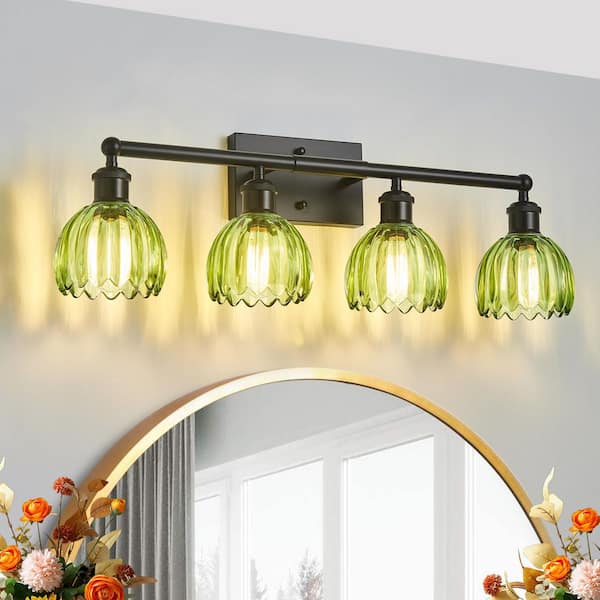 27.2 in. 4-Light Black Vanity Light Wall Light Over Mirror with Green Tulip Glass Shade