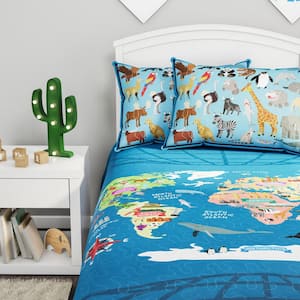 Blue Landmark and Animal World Map Twin XL Bedspread and 2-Pillow Shams Piece Comforter Set