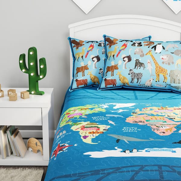 Blue Landmark and Animal World Map Twin XL Bedspread and 2-Pillow Shams Piece Comforter Set