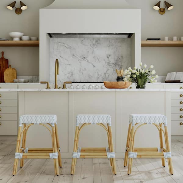 Robias 24.5 in. White and Sky-Blue Dot Backless Rectangular Rattan Counter Stool (Qty 1)