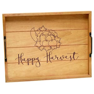 12 in. W x 2.25 in. H x 15.50 in. D in. Happy Harvest" Beige Decorative Wood Serving Tray