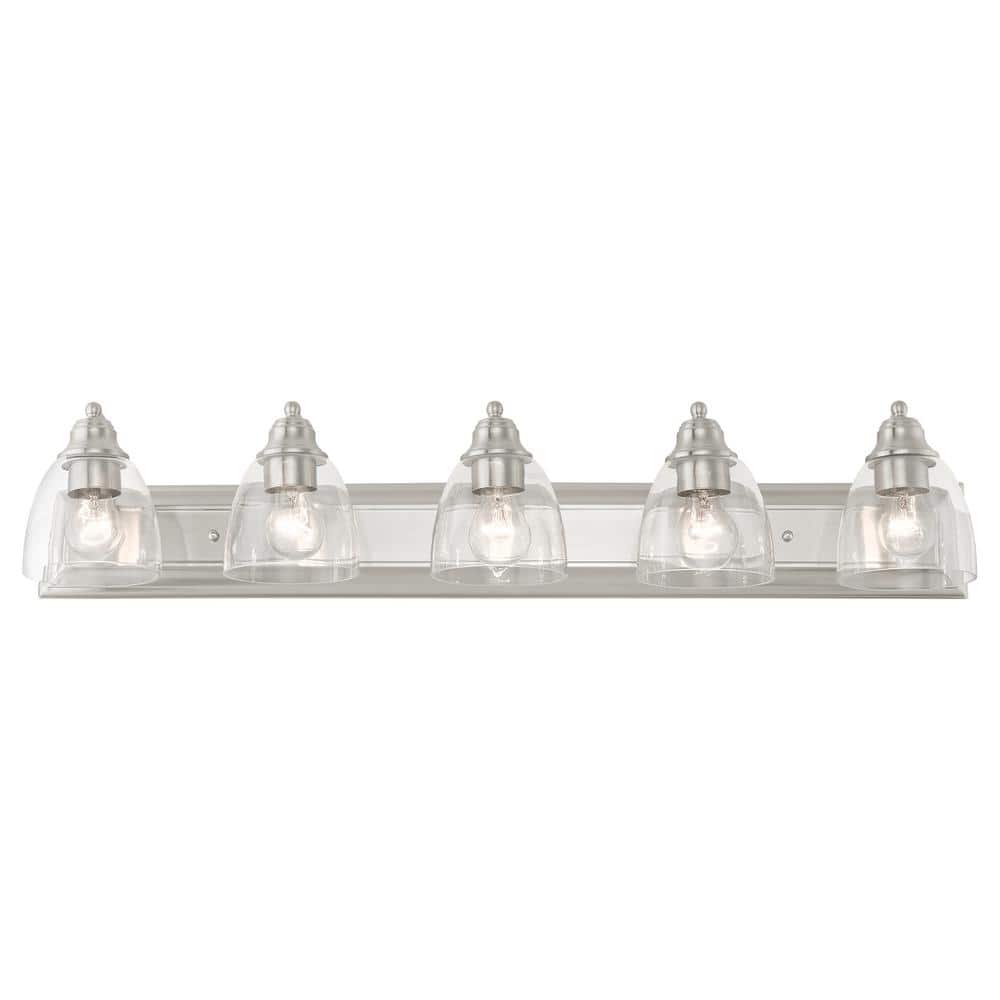 Brushed Nickel 5-Light Bathroom Vanity with Clear Glass Shades
