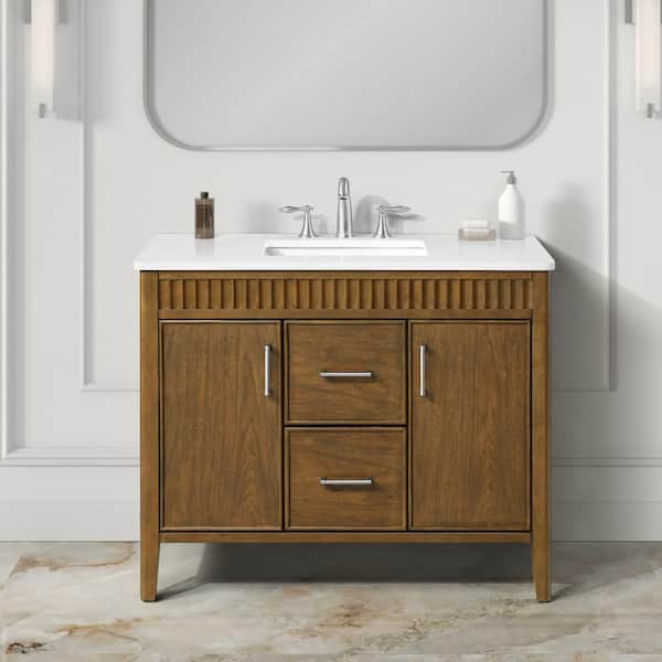 Juliette 42 in. Single Sink Freestanding Warm Walnut Bath Vanity with White Quartz Top and Brushed Nickel Hardware