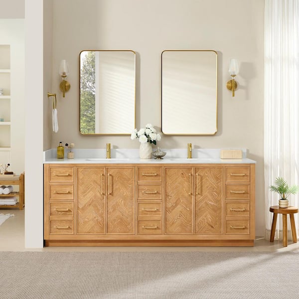 Jakarta 84 in. W x 22 in. D x 34 in. H Double Bath Vanity in Oak Natural Brown with Silk White Quartz Stone Top