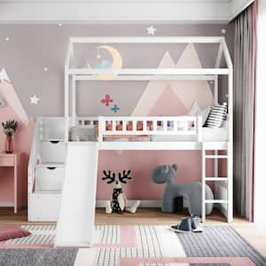 House Loft Bed with Slide, Twin Loft Bed with Slide and Drawers, Loft Bed Twin with Staircase