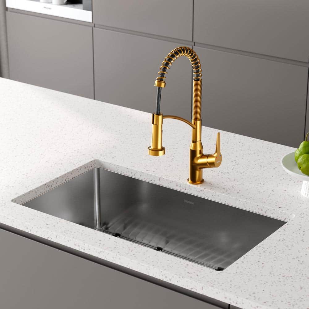 Gold Brass Single Handle Pull-Down Sprayer Kitchen Faucet