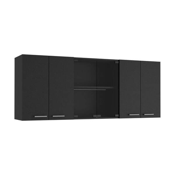 Unbranded 59-in W x 12.4-in D x 24-in H in Black Plywood Ready to Assemble Kitchen Cabinet w/Shelf and 2-Door Center Glass Cabinet