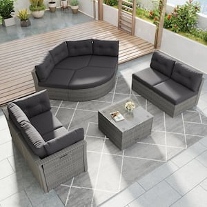 9-Piece Wicker Patio Conversation Set, Sectional Sofa Set and Center Table with Gray Cushions