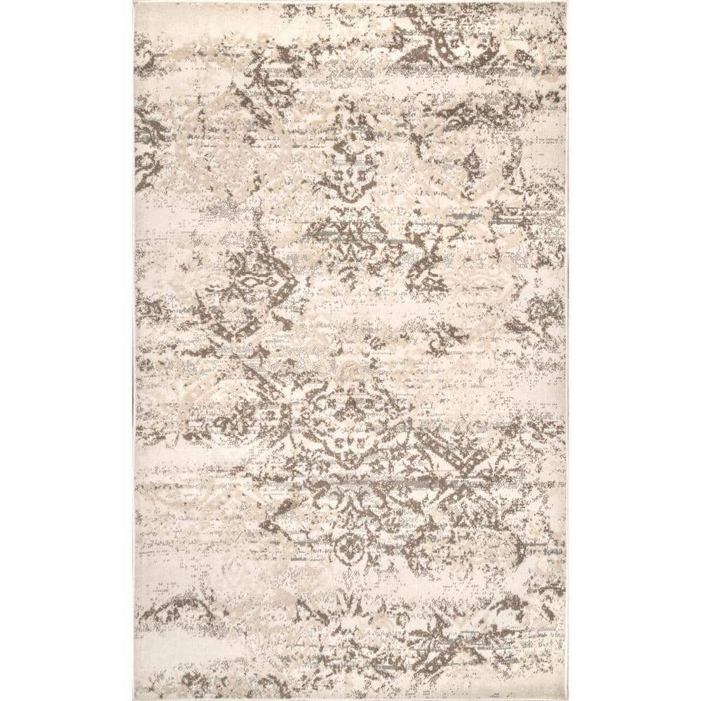 Beige Floral Synthetic Rectangular Area Rug 6' 7" x 9'