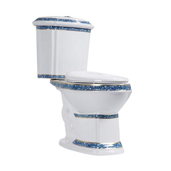 RENOVATORS SUPPLY MANUFACTURING India Reserve Blue Gold Colour Porcelain 0.8/1.6 GPF Dual Flush Elongated 1-Piece Toilet